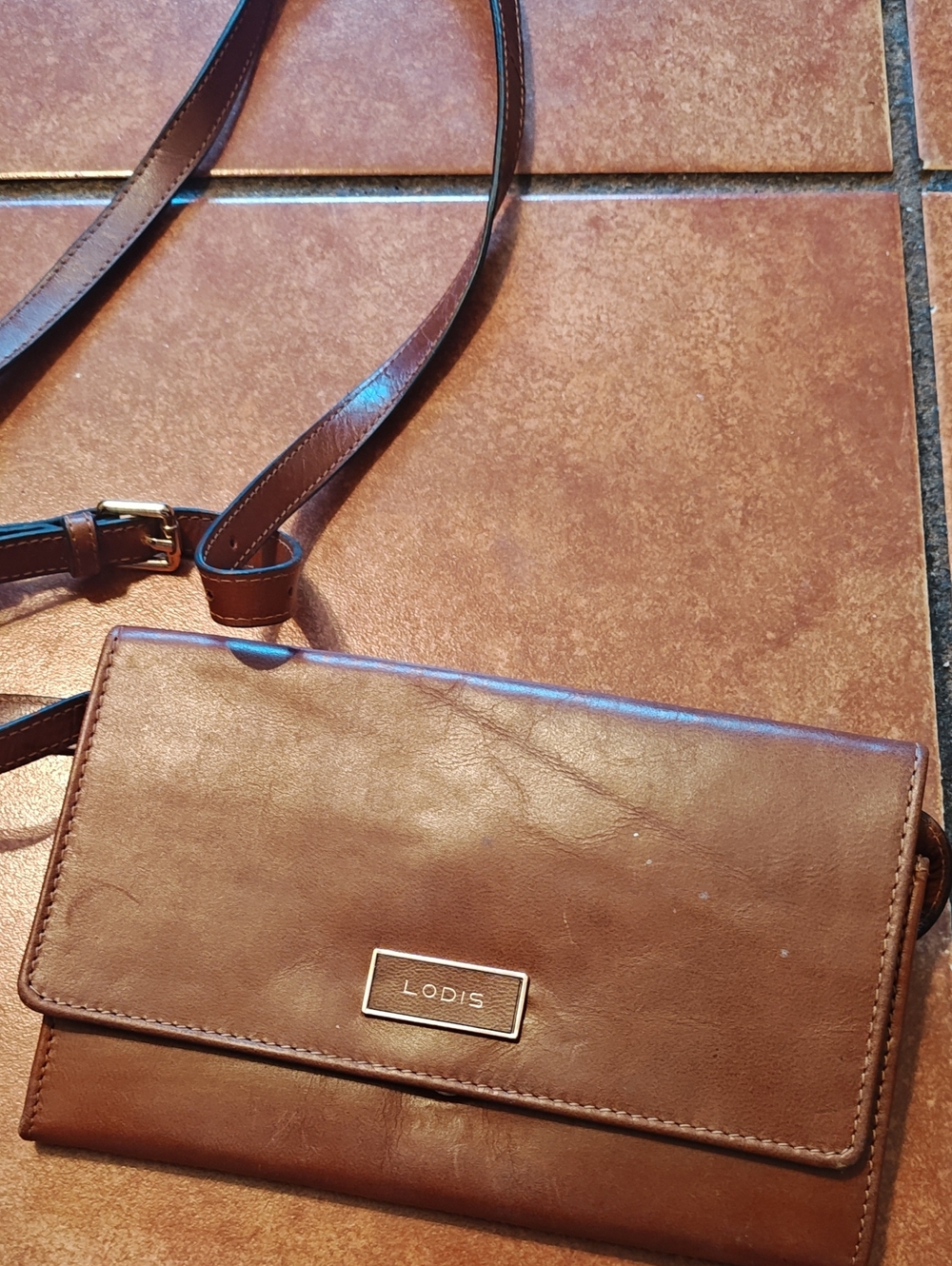 Lodis Cognac Leather Crossbody Wallet